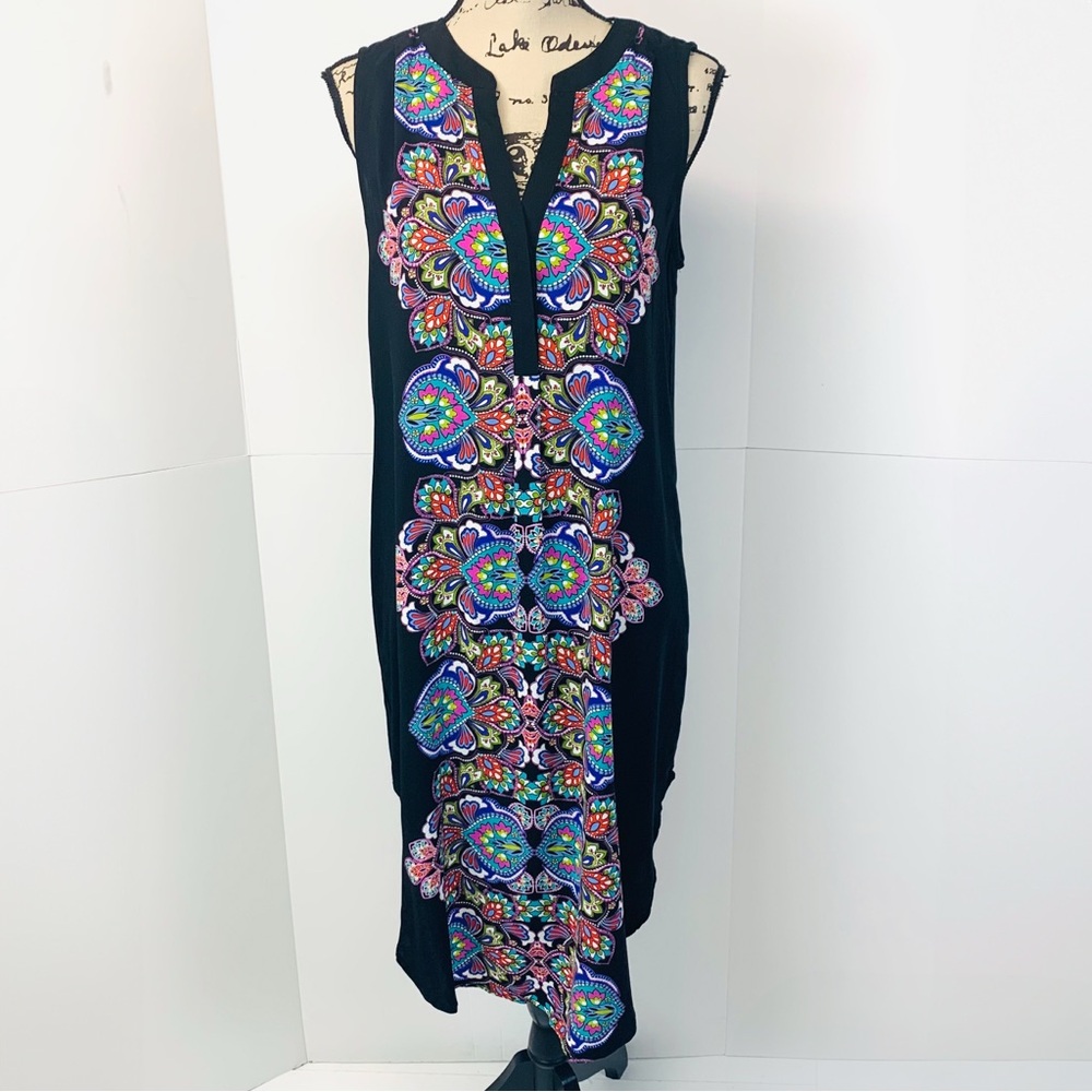 Cupio Women Size M Hi Lo Sleeveless Midi Dress Colorful Geometric Pleated